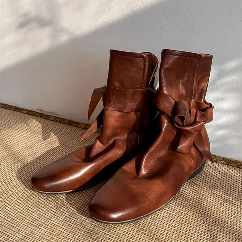 Soft Leather Lace-up Ankle Boots Comfortable Flats Short Booties Bowknot Chelsea Boots Shoes Botas